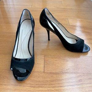 Kate Spade black suede & patent leather peep toe heels, size 8.5, made in Italy